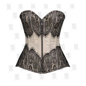 Skin and Black Overbust Corset with Eyelash Lace Overlay & Silver Zipper